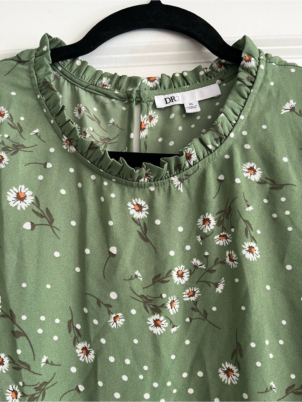 DR2 Olive Green Floral Ruffle-Neck Blouse